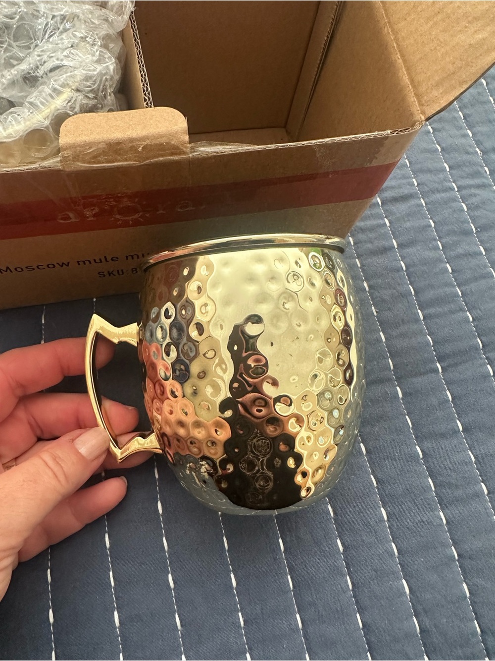 Set of 2 Hammered Gold Moscow Mule Mugs with Handle  New in Box
